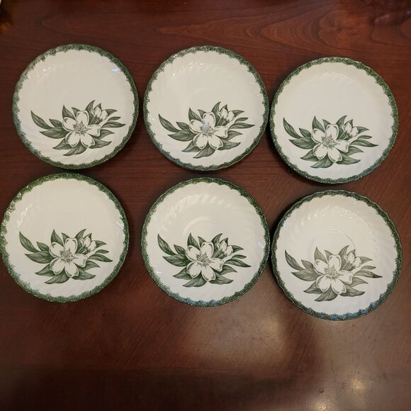 Royal Woodbury Under Glaze 6.25" Dessert Bowls Set Of 6 Green & White Floral Des - Picture 1 of 5